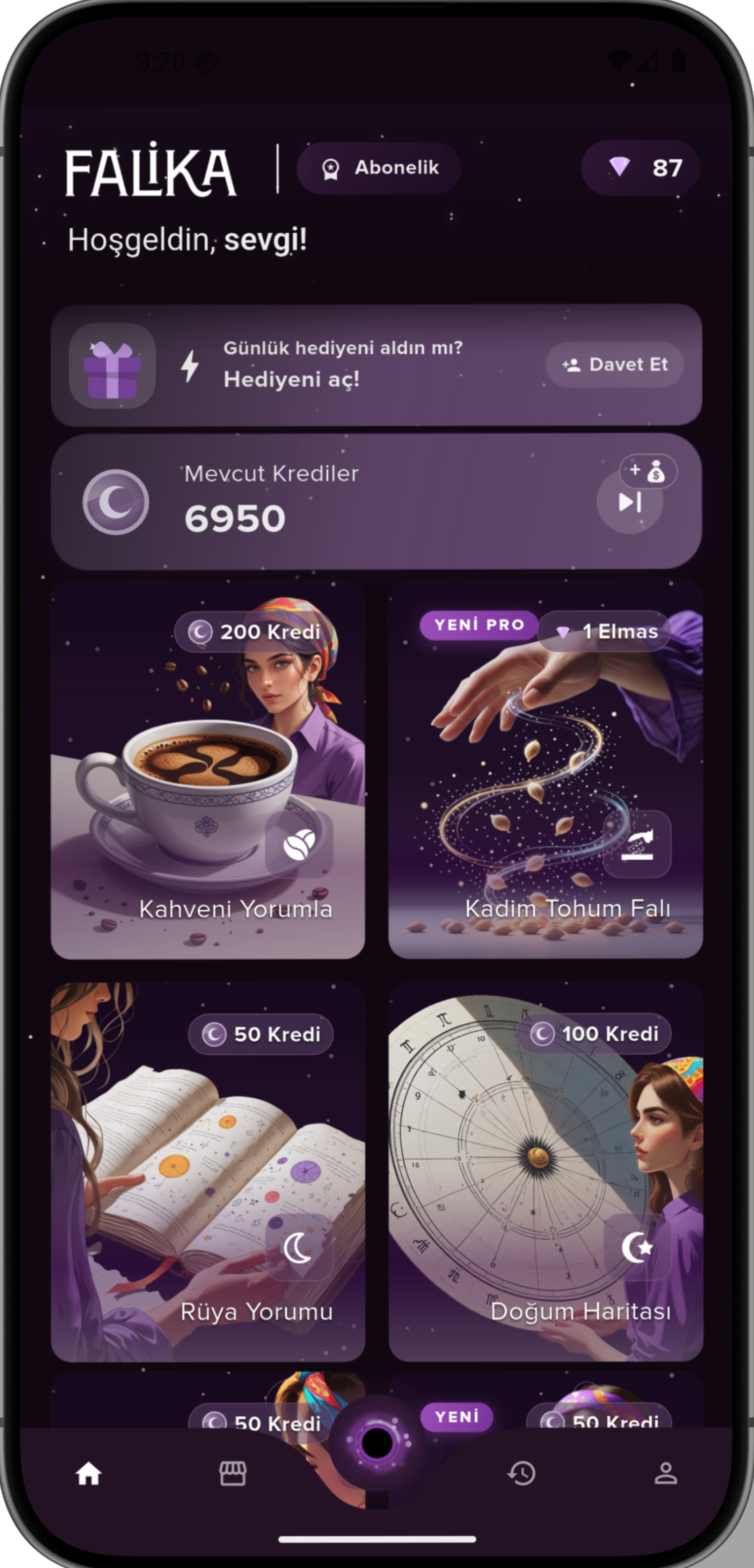 Falika mobil uygulama arayüzünü gösteren telefon ekran görüntüsü - astroloji, tarot ve kahve falı özellikleri